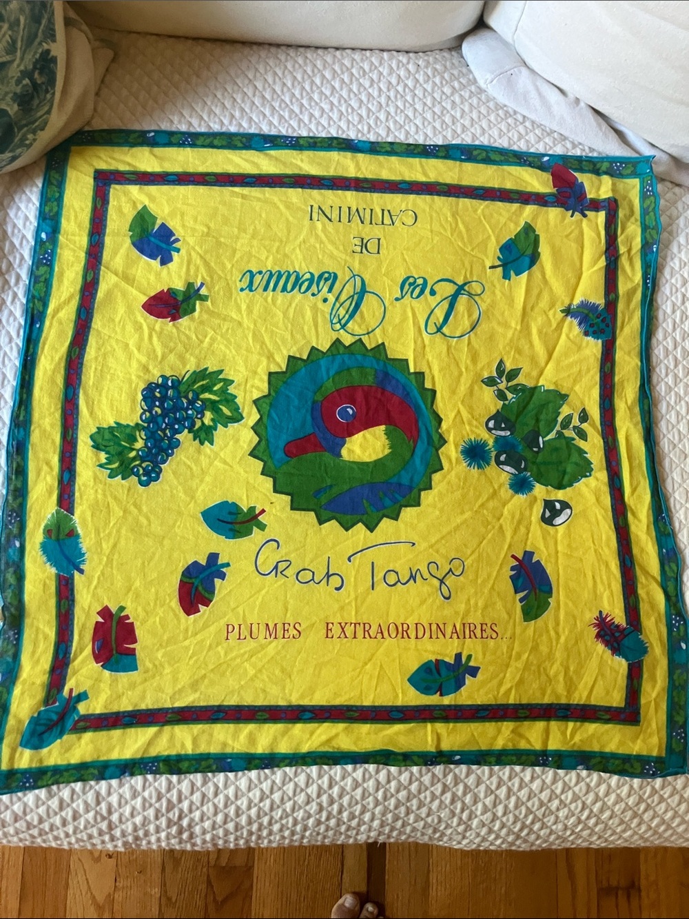 Catamoni France vintage Crab Tango Yellow Printed cotton  Scarf by Les Oiseaux